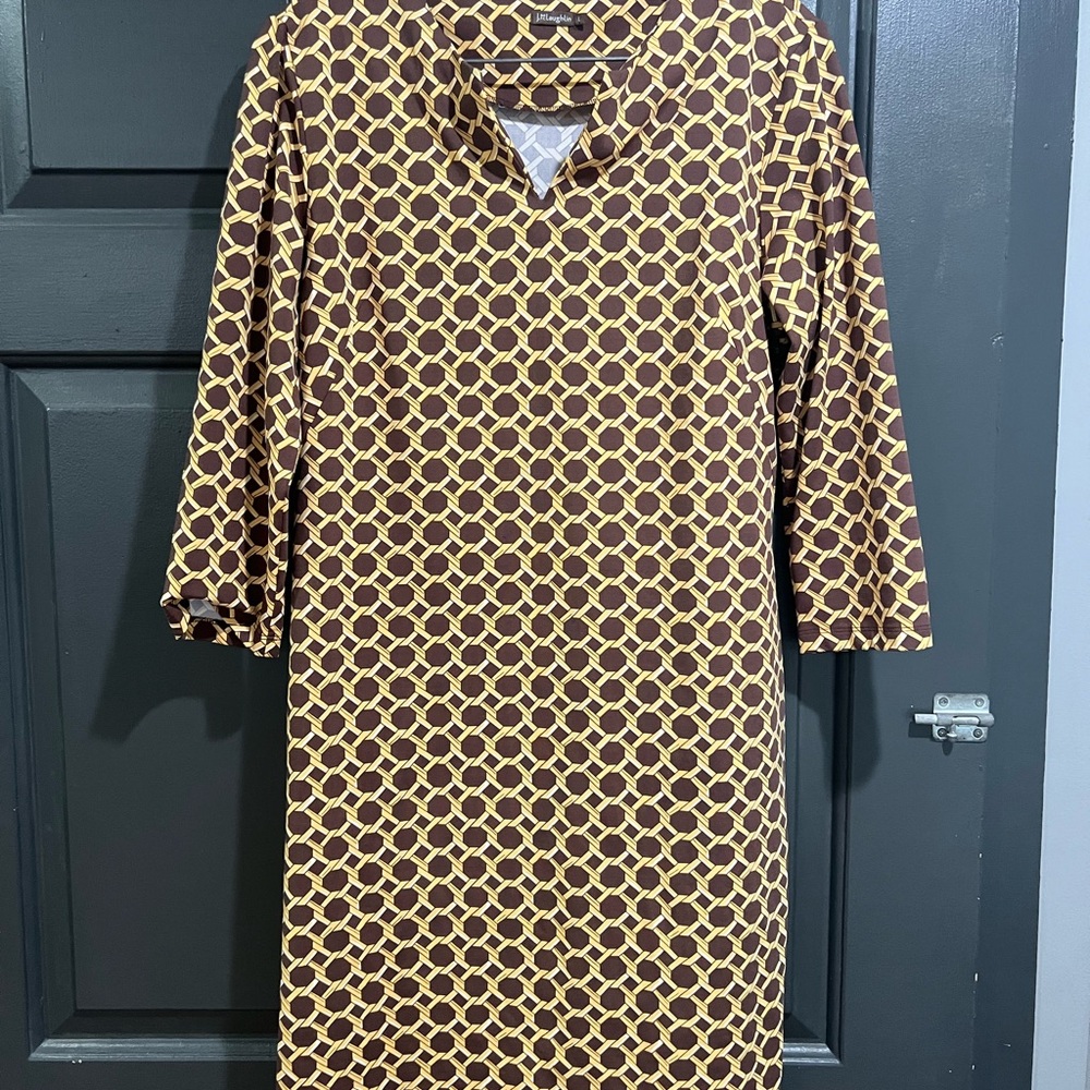 J. McLaughlin chain link Stylish Brown and Yellow Patterned Dress
